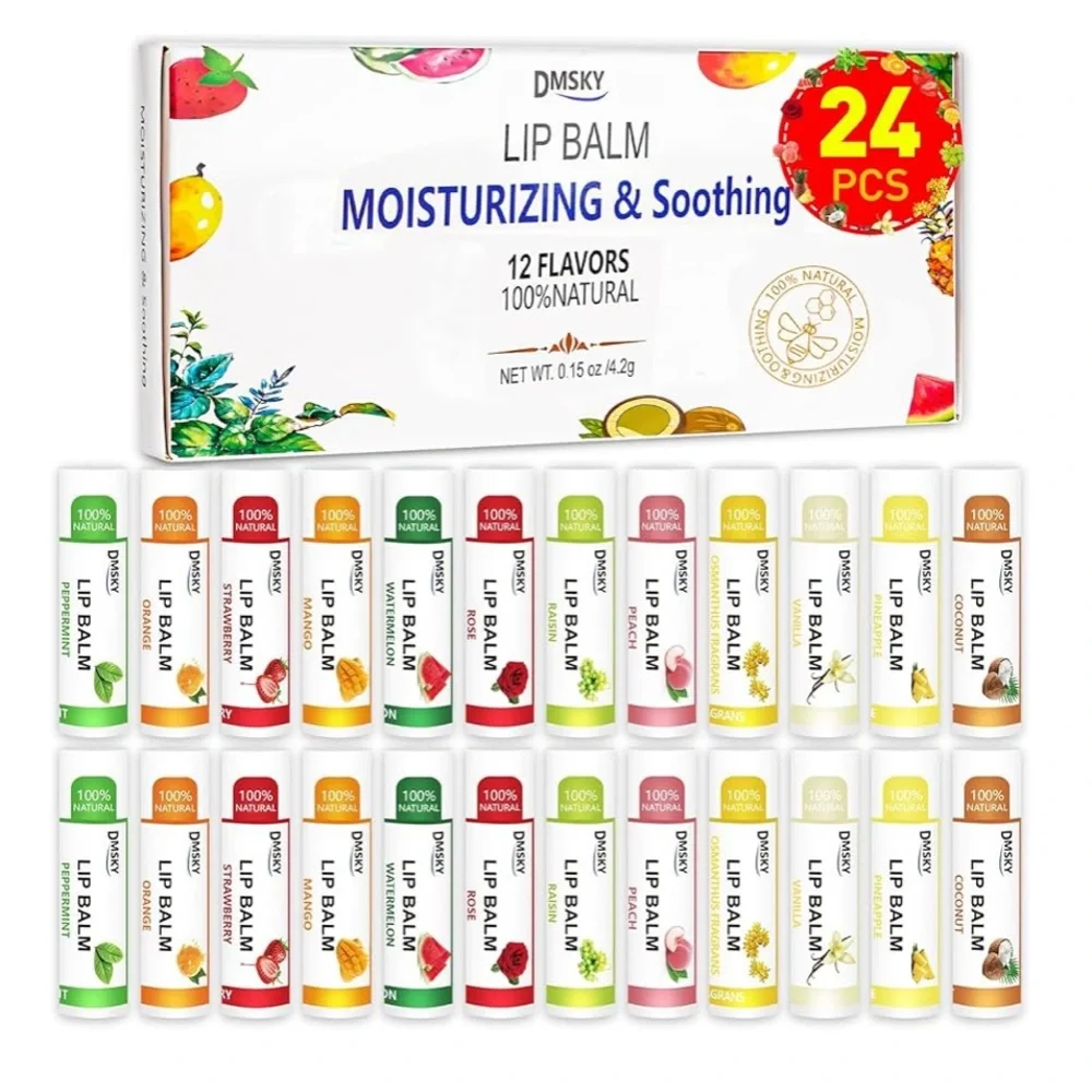24 Pack Lip Balm, Natural Lip Balm Bulk w: Vitamin E &Coconut Oil, Moisturizing